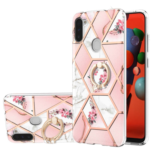 For Samsung Galaxy M11/A11 US/EU Verison Electroplating Splicing Marble Flower Pattern TPU Shockproof Case with Rhinestone Ring Holder(Pink Flower) by buy2fix