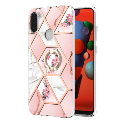 For Samsung Galaxy M11/A11 US/EU Verison Electroplating Splicing Marble Flower Pattern TPU Shockproof Case with Rhinestone Ring Holder(Pink Flower) by buy2fix