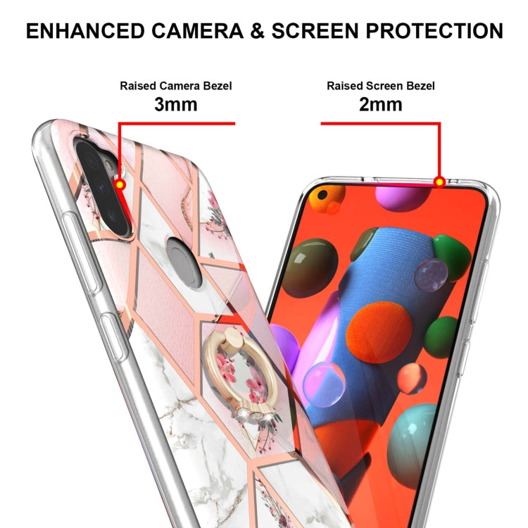 For Samsung Galaxy M11/A11 US/EU Verison Electroplating Splicing Marble Flower Pattern TPU Shockproof Case with Rhinestone Ring Holder(Pink Flower) by buy2fix