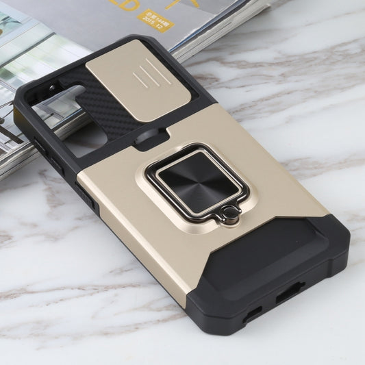 For Samsung Galaxy S21 5G Sliding Camera Cover Design PC + TPU Shockproof Case with Ring Holder & Card Slot(Gold) - Galaxy S21 5G Cases by buy2fix | Online Shopping UK | buy2fix