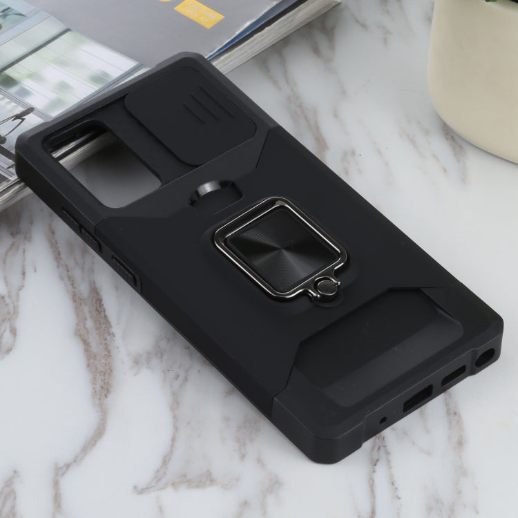 For Samsung Galaxy Note20 Sliding Camera Cover Design PC + TPU Shockproof Case with Ring Holder & Card Slot(Black) by buy2fix