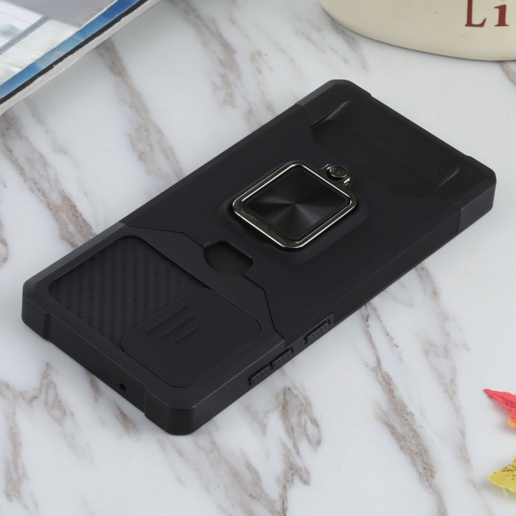 For Samsung Galaxy Note20 Sliding Camera Cover Design PC + TPU Shockproof Case with Ring Holder & Card Slot(Black) by buy2fix