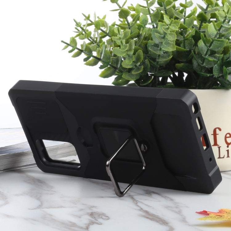 For Samsung Galaxy Note20 Sliding Camera Cover Design PC + TPU Shockproof Case with Ring Holder & Card Slot(Black) by buy2fix