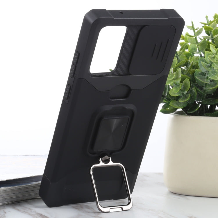 For Samsung Galaxy Note20 Sliding Camera Cover Design PC + TPU Shockproof Case with Ring Holder & Card Slot(Black) by buy2fix