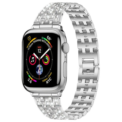 Five-beads Diamond Steel Watch Band For Apple Watch Series 9&8&7 41mm / SE 3&SE 2&6&SE&5&4 40mm / 3&2&1 38mm(Silver) - Watch Bands by buy2fix | Online Shopping UK | buy2fix