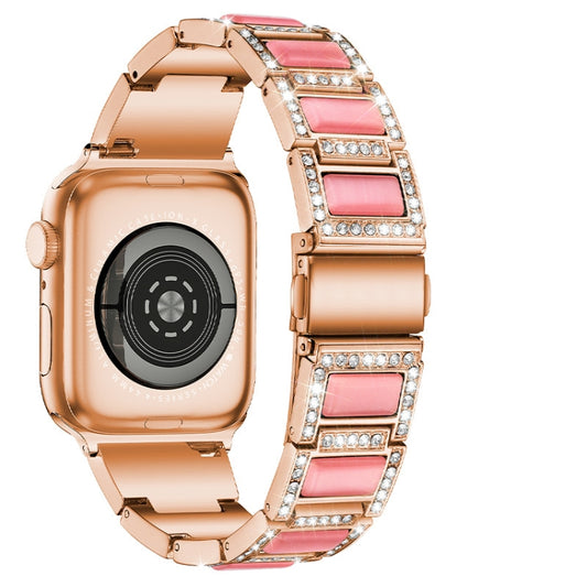 Three-beads Diamond + Gemstone Watch Band For Apple Watch Series 9&8&7 41mm / SE 3&SE 2&6&SE&5&4 40mm / 3&2&1 38mm(Rose Gold Pink) by buy2fix
