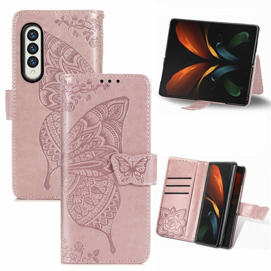 For Samsung Galaxy Z Fold3 5G Butterfly Love Flowers Embossed Horizontal Flip Leather Case with Holder & Card Slots & Wallet & Lanyard(Rose Gold) - Galaxy Phone Cases by buy2fix | Online Shopping UK | buy2fix