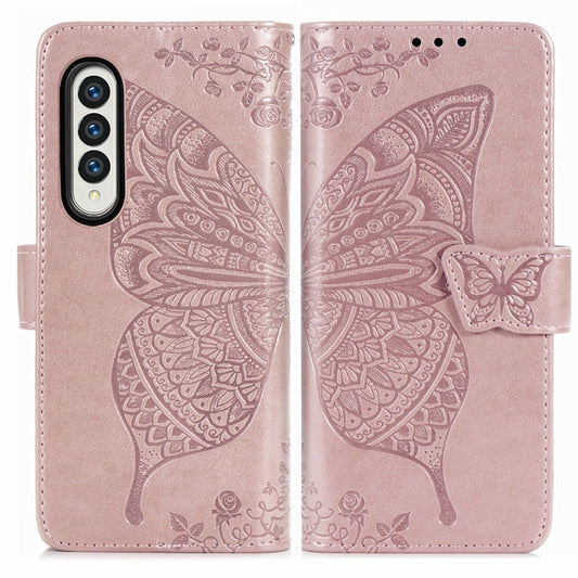 For Samsung Galaxy Z Fold3 5G Butterfly Love Flowers Embossed Horizontal Flip Leather Case with Holder & Card Slots & Wallet & Lanyard(Rose Gold) by buy2fix