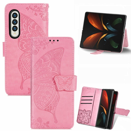 For Samsung Galaxy Z Fold3 5G Butterfly Love Flowers Embossed Horizontal Flip Leather Case with Holder & Card Slots & Wallet & Lanyard(Pink) - Galaxy Phone Cases by buy2fix | Online Shopping UK | buy2fix