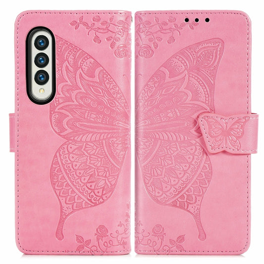 For Samsung Galaxy Z Fold3 5G Butterfly Love Flowers Embossed Horizontal Flip Leather Case with Holder & Card Slots & Wallet & Lanyard(Pink) by buy2fix