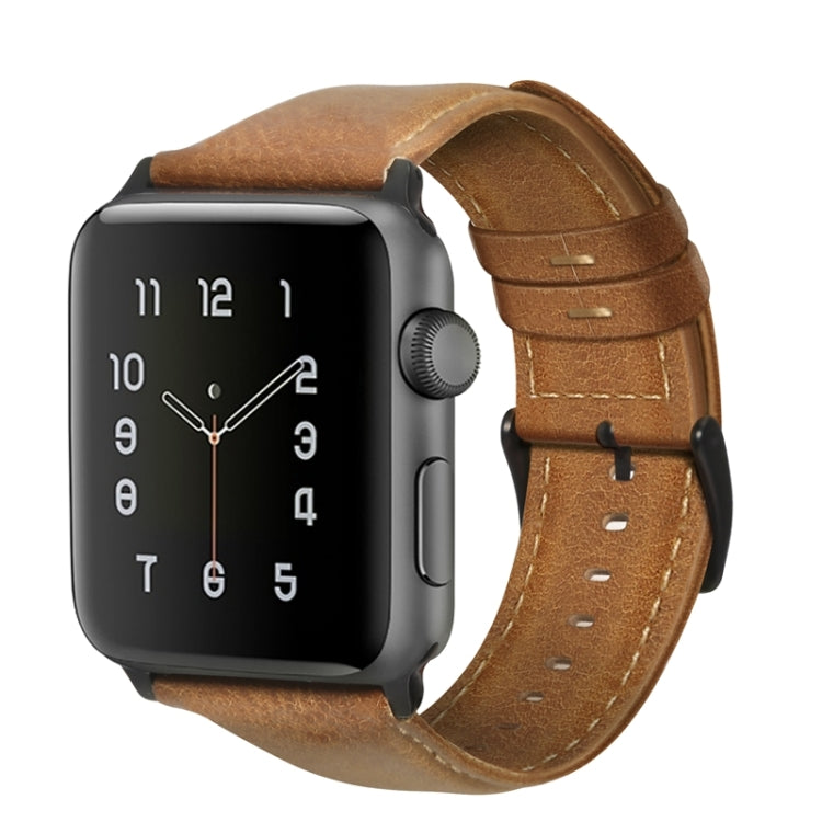 For Apple Watch Series 7 41mm / 6 & SE & 5 & 4 40mm / 3 & 2 & 1 38mm Oil Wax Genuine Leather Strap Watch Band(Yellow Brown) - Watch Bands by buy2fix | Online Shopping UK | buy2fix
