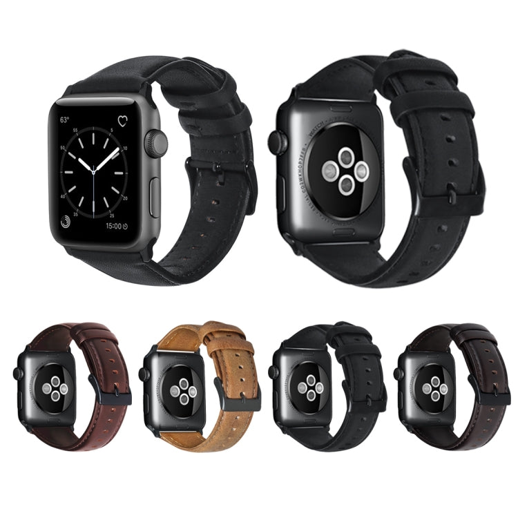 For Apple Watch Series 7 41mm / 6 & SE & 5 & 4 40mm / 3 & 2 & 1 38mm Oil Wax Genuine Leather Strap Watch Band(Yellow Brown) - Watch Bands by buy2fix | Online Shopping UK | buy2fix