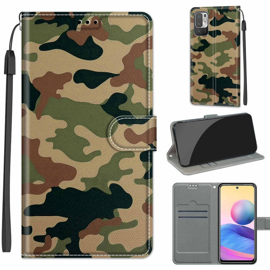 Voltage Coloured Drawing Magnetic Clasp Horizontal Flip PU Leather Case with Holder & Card Slots For Xiaomi Redmi Note 10 5G(C12 Green Yellow Camouflage)