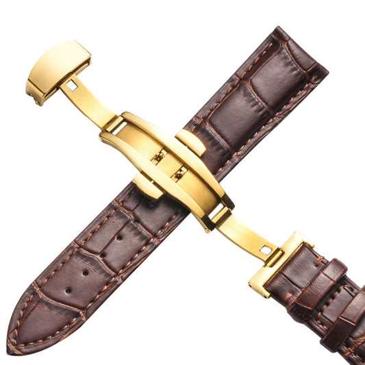 22mm Classic Cowhide Leather Gold Butterfly Buckle Watch Band(Brown) - Watch Bands by buy2fix | Online Shopping UK | buy2fix