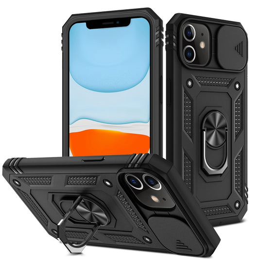 For iPhone 11 Sliding Camera Cover Design TPU + PC Protective Case with 360 Degree Rotating Holder & Card Slot (Black+Black) - iPhone 11 Cases by buy2fix | Online Shopping UK | buy2fix