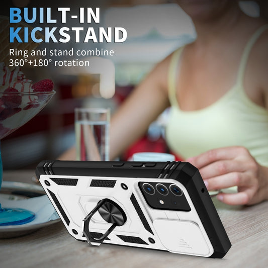 For Samsung Galaxy A52 Sliding Camera Cover Design TPU + PC Protective Case with 360 Degree Rotating Holder & Card Slot(White+Black) by buy2fix