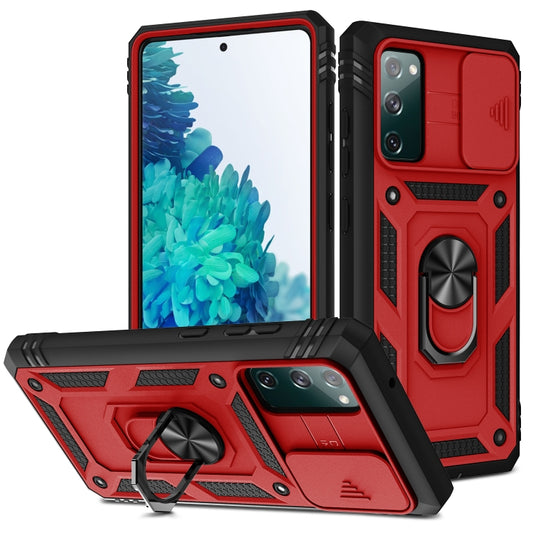 For Samsung Galaxy S20 FE Sliding Camera Cover Design TPU + PC Protective Case with 360 Degree Rotating Holder & Card Slot(Red+Black) by buy2fix