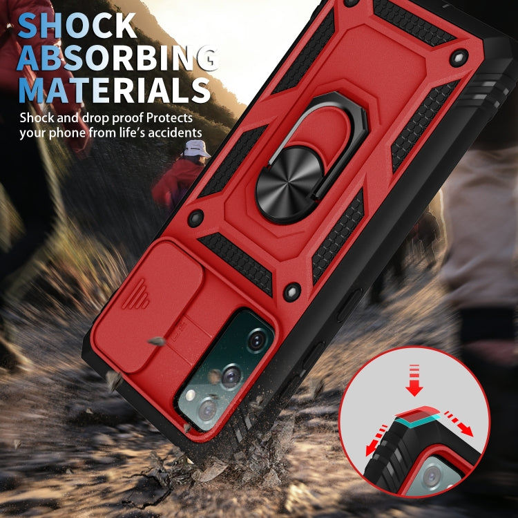 For Samsung Galaxy S20 FE Sliding Camera Cover Design TPU + PC Protective Case with 360 Degree Rotating Holder & Card Slot(Red+Black) by buy2fix