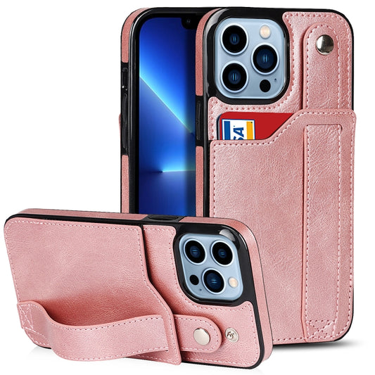 For iPhone 13 Pro Max Crazy Horse Texture Shockproof TPU + PU Leather Case with Card Slot & Wrist Strap Holder (Rose Gold) - iPhone 13 Pro Max Cases by buy2fix | Online Shopping UK | buy2fix