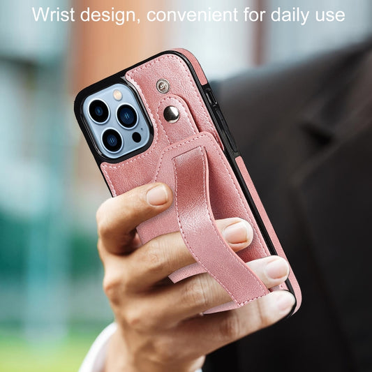 For iPhone 13 Pro Max Crazy Horse Texture Shockproof TPU + PU Leather Case with Card Slot & Wrist Strap Holder (Rose Gold) - iPhone 13 Pro Max Cases by buy2fix | Online Shopping UK | buy2fix