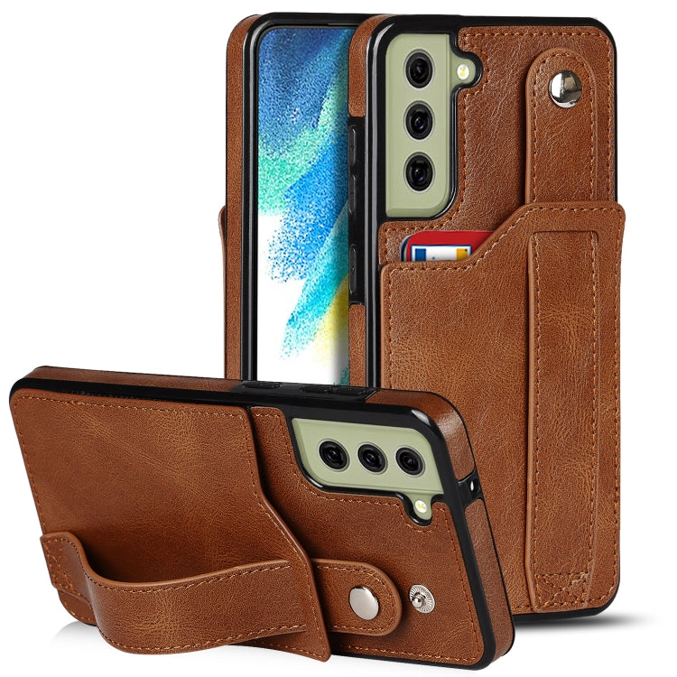 For Samsung Galaxy S21 FE Crazy Horse Texture Shockproof TPU + PU Leather Case with Card Slot & Wrist Strap Holder(Brown) by buy2fix