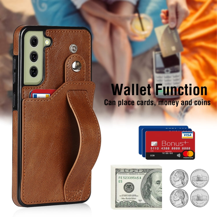 For Samsung Galaxy S21 FE Crazy Horse Texture Shockproof TPU + PU Leather Case with Card Slot & Wrist Strap Holder(Brown) by buy2fix