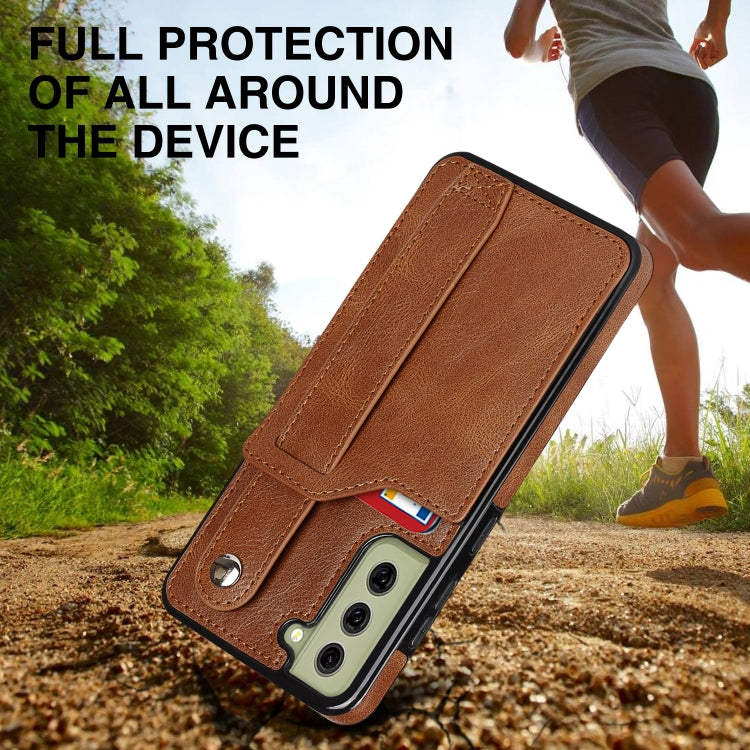 For Samsung Galaxy S21 FE Crazy Horse Texture Shockproof TPU + PU Leather Case with Card Slot & Wrist Strap Holder(Brown) by buy2fix