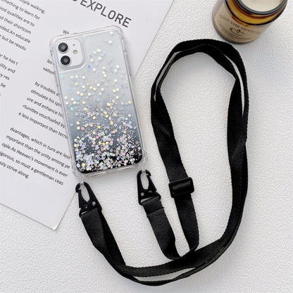 For iPhone 13 Gradient Glitter Powder Epoxy TPU Thickened Acrylic Shockproof Case with Wide Neck Lanyard(Black) - iPhone 13 Cases by buy2fix | Online Shopping UK | buy2fix