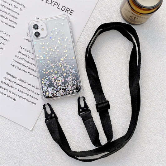 For iPhone 13 Gradient Glitter Powder Epoxy TPU Thickened Acrylic Shockproof Case with Wide Neck Lanyard(Black) - iPhone 13 Cases by buy2fix | Online Shopping UK | buy2fix