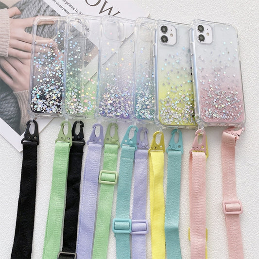 For iPhone 13 Gradient Glitter Powder Epoxy TPU Thickened Acrylic Shockproof Case with Wide Neck Lanyard(Black) - iPhone 13 Cases by buy2fix | Online Shopping UK | buy2fix