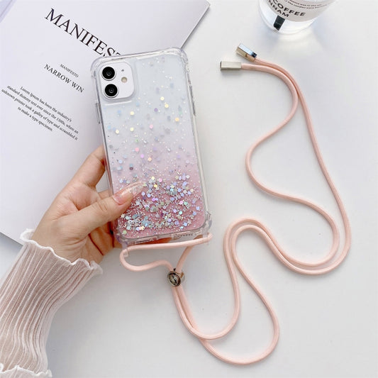 For iPhone 11 Pro Max Gradient Glitter Powder Epoxy TPU Thickened Acrylic Shockproof Case with Round Neck Lanyard (Pink) - iPhone 11 Pro Max Cases by buy2fix | Online Shopping UK | buy2fix