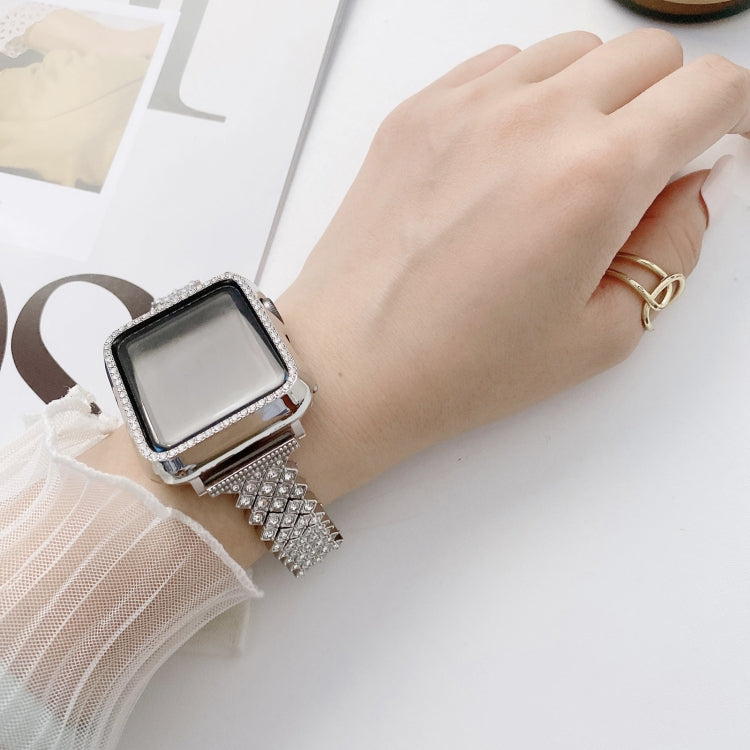 Rhombus Full Diamond Metal Wrist Strap Watch Band + Case For Apple Watch Series 3 & 2 & 1 38mm(Rose Gold) - Watch Cases by buy2fix | Online Shopping UK | buy2fix