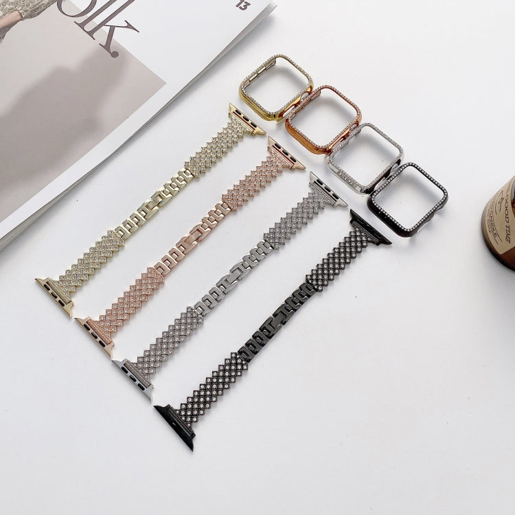Rhombus Full Diamond Metal Wrist Strap Watch Band + Case For Apple Watch Series 3 & 2 & 1 38mm(Rose Gold) - Watch Cases by buy2fix | Online Shopping UK | buy2fix