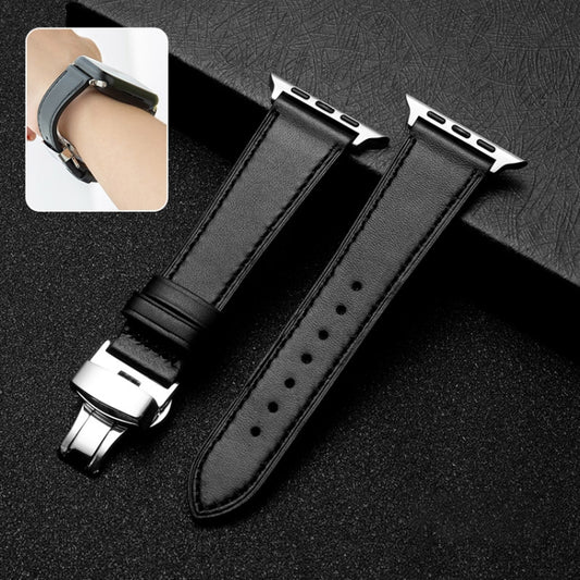 Butterfly Clasp  Top Layer Cowhide Leather Strap Watch Band For Apple Watch Series 9&8&7 41mm / SE 3&SE 2&6&SE&5&4 40mm / 3&2&1 38mm(Black) - Watch Bands by buy2fix | Online Shopping UK | buy2fix