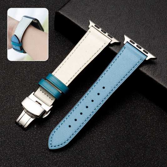 Butterfly Clasp  Top Layer Cowhide Leather Strap Watch Band For Apple Watch Ultra 49mm&Watch Ultra 2 49mm / Series 9&8&7 45mm / SE 3&SE 2&6&SE&5&4 44mm / 3&2&1 42mm(Baby Blue) - Watch Bands by buy2fix | Online Shopping UK | buy2fix