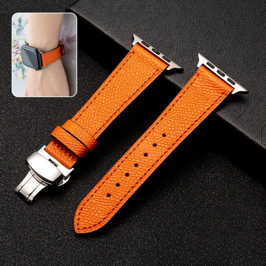 Butterfly Clasp  Top Layer Cowhide Leather Strap Watch Band For Apple Watch Ultra 49mm&Watch Ultra 2 49mm / Series 9&8&7 45mm / SE 3&SE 2&6&SE&5&4 44mm / 3&2&1 42mm(Orange) - Watch Bands by buy2fix | Online Shopping UK | buy2fix