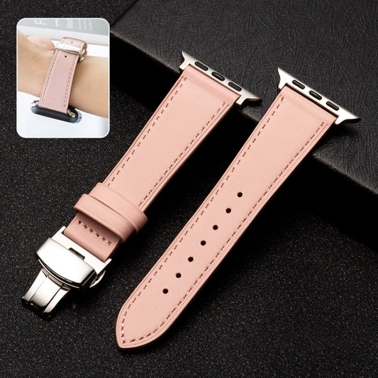 Butterfly Clasp  Top Layer Cowhide Leather Strap Watch Band For Apple Watch Ultra 49mm&Watch Ultra 2 49mm / Series 9&8&7 45mm / SE 3&SE 2&6&SE&5&4 44mm / 3&2&1 42mm(Pink) - Watch Bands by buy2fix | Online Shopping UK | buy2fix
