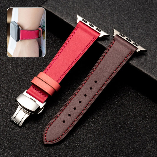 Butterfly Clasp  Top Layer Cowhide Leather Strap Watch Band For Apple Watch Ultra 49mm&Watch Ultra 2 49mm / Series 9&8&7 45mm / SE 3&SE 2&6&SE&5&4 44mm / 3&2&1 42mm(Red) - Watch Bands by buy2fix | Online Shopping UK | buy2fix