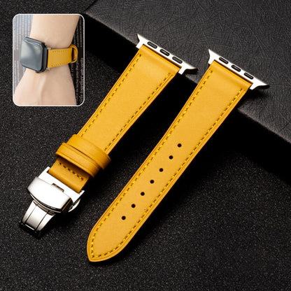 Butterfly Clasp  Top Layer Cowhide Leather Strap Watch Band For Apple Watch Ultra 49mm&Watch Ultra 2 49mm / Series 9&8&7 45mm / SE 3&SE 2&6&SE&5&4 44mm / 3&2&1 42mm(Yellow) - Watch Bands by buy2fix | Online Shopping UK | buy2fix