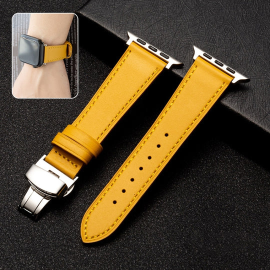 Butterfly Clasp  Top Layer Cowhide Leather Strap Watch Band For Apple Watch Ultra 49mm&Watch Ultra 2 49mm / Series 9&8&7 45mm / SE 3&SE 2&6&SE&5&4 44mm / 3&2&1 42mm(Yellow)