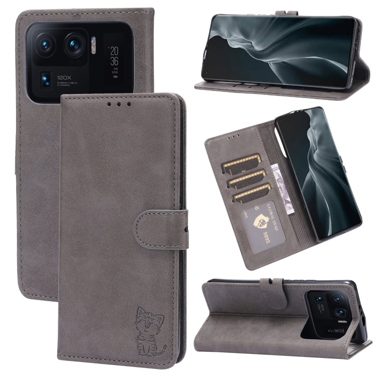 For Xiaomi Mi 11 Ultra Embossed Happy Cat Pattern Horizontal Flip Leather Case with Holder & Card Slots & Wallet(Grey) - Xiaomi Cases by buy2fix | Online Shopping UK | buy2fix