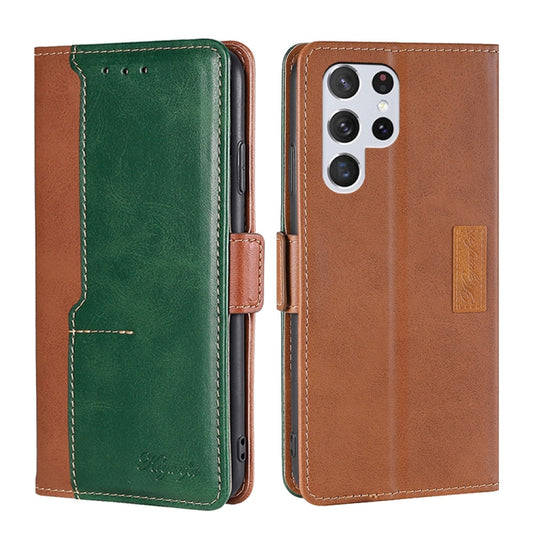 For Samsung Galaxy S22 Ultra 5G Retro Texture Contrast Color Side Buckle Horizontal Flip Leather Case with Holder & Card Slots & Wallet(Light Brown + Green) by buy2fix
