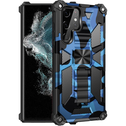 For Samsung Galaxy S22 Ultra 5G Camouflage Armor Shockproof TPU + PC Magnetic Protective Phone Case with Holder(Dark Blue) - Galaxy S22 Ultra 5G Cases by buy2fix | Online Shopping UK | buy2fix