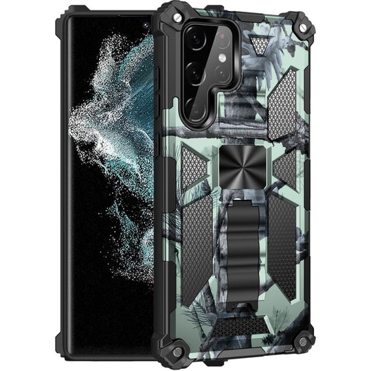 Pour Samsung Galaxy S22 Ultra 5G Camouflage Armor Antichoc TPU + PC Étui de protection magnétique avec support (vert menthe)