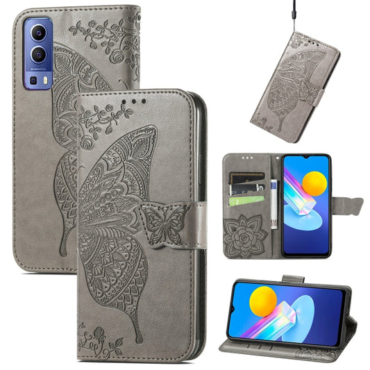 For vivo Y72 5G Butterfly Love Flowers Embossed Horizontal Flip Leather Case with Holder & Card Slots & Wallet & Lanyard(Grey) - vivo Cases by buy2fix | Online Shopping UK | buy2fix