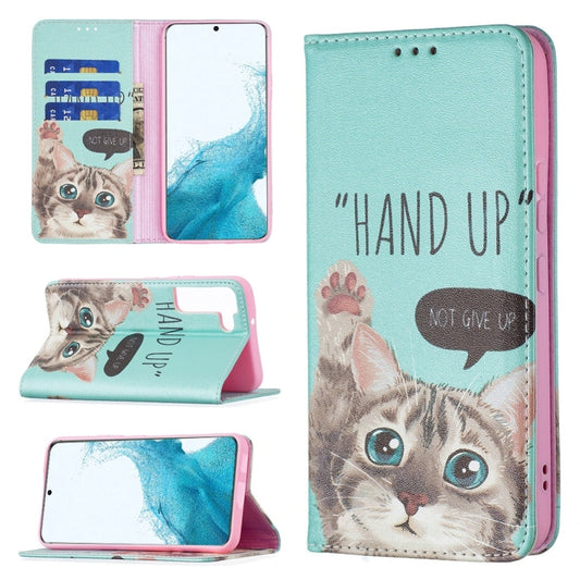 For Samsung Galaxy S22 5G Colored Drawing Pattern Invisible Magnetic Horizontal Flip Phone Leather Case with Holder & Card Slots & Wallet(Cat) - Galaxy S22 5G Cases by buy2fix | Online Shopping UK | buy2fix