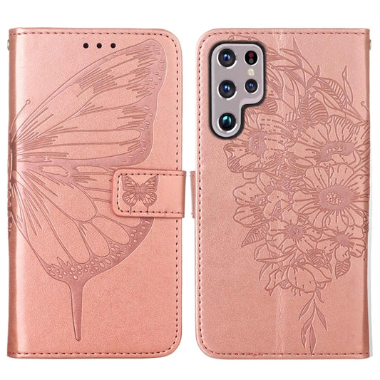 For Samsung Galaxy S22 Ultra 5G Embossed Butterfly Leather Phone Case with Holder & Card Slot & Wallet & Lanyard(Rose Gold) by buy2fix