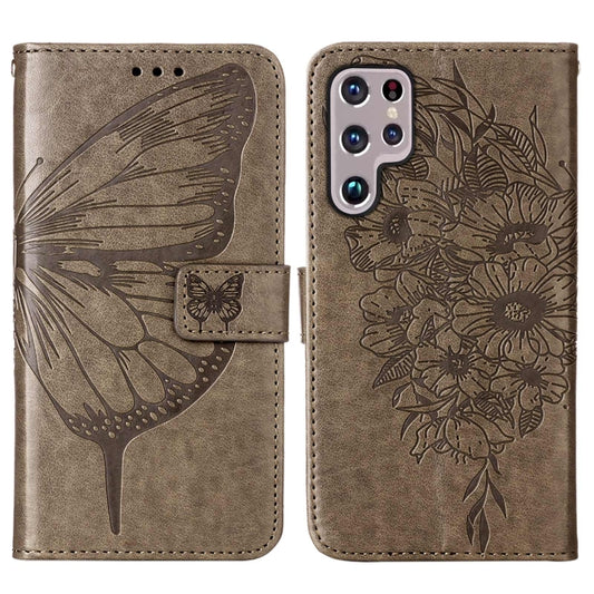 For Samsung Galaxy S22 Ultra 5G Embossed Butterfly Leather Phone Case with Holder & Card Slot & Wallet & Lanyard(Grey) by buy2fix