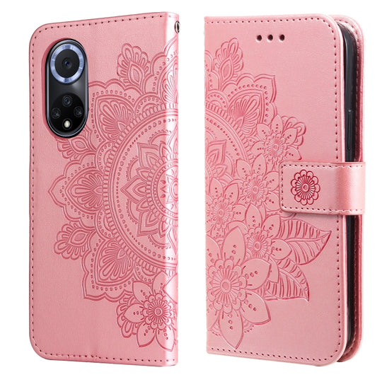 Pour Huawei Nova 9 / Honor 50 Étui de téléphone en cuir à rabat en relief avec fleurs à 7 pétales avec support et fentes pour cartes (or rose)