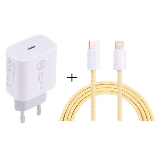 SDC-20W PD USB-C / Type-C Travel Charger + 1m 12W USB-C / Type-C to 8 Pin Data Cable Set, EU Plug(Yellow) - USB Charger by buy2fix | Online Shopping UK | buy2fix